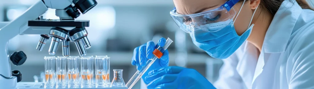 A scientist in a lab coat, mask, and safety goggles working with a test tube and a microscope.
