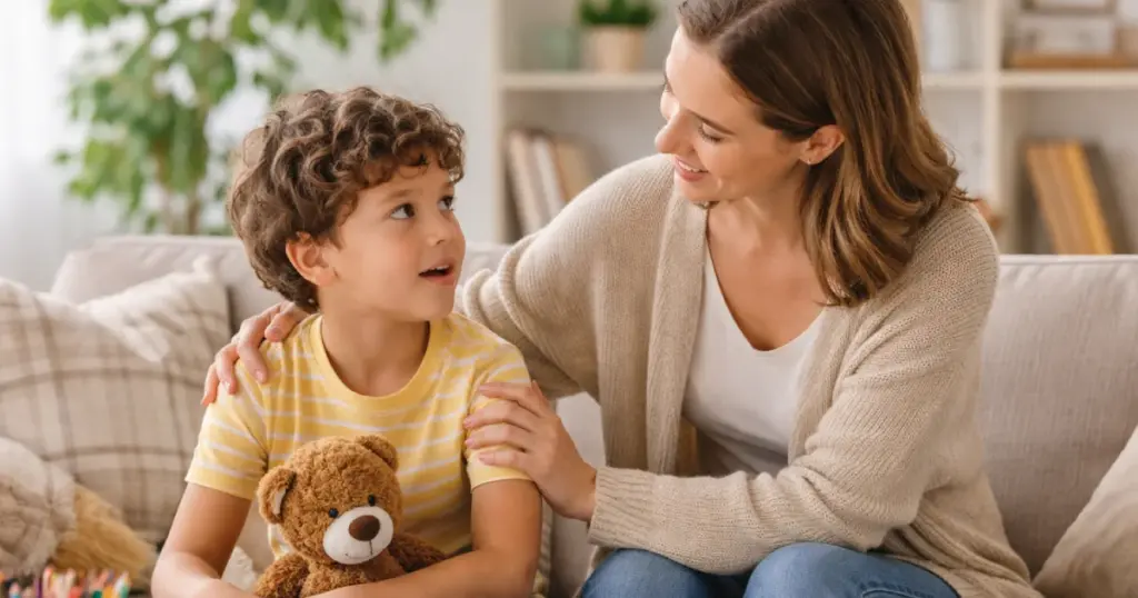 Parent helping child express feelings with the help of Therapy for Children with Transformation Health Services