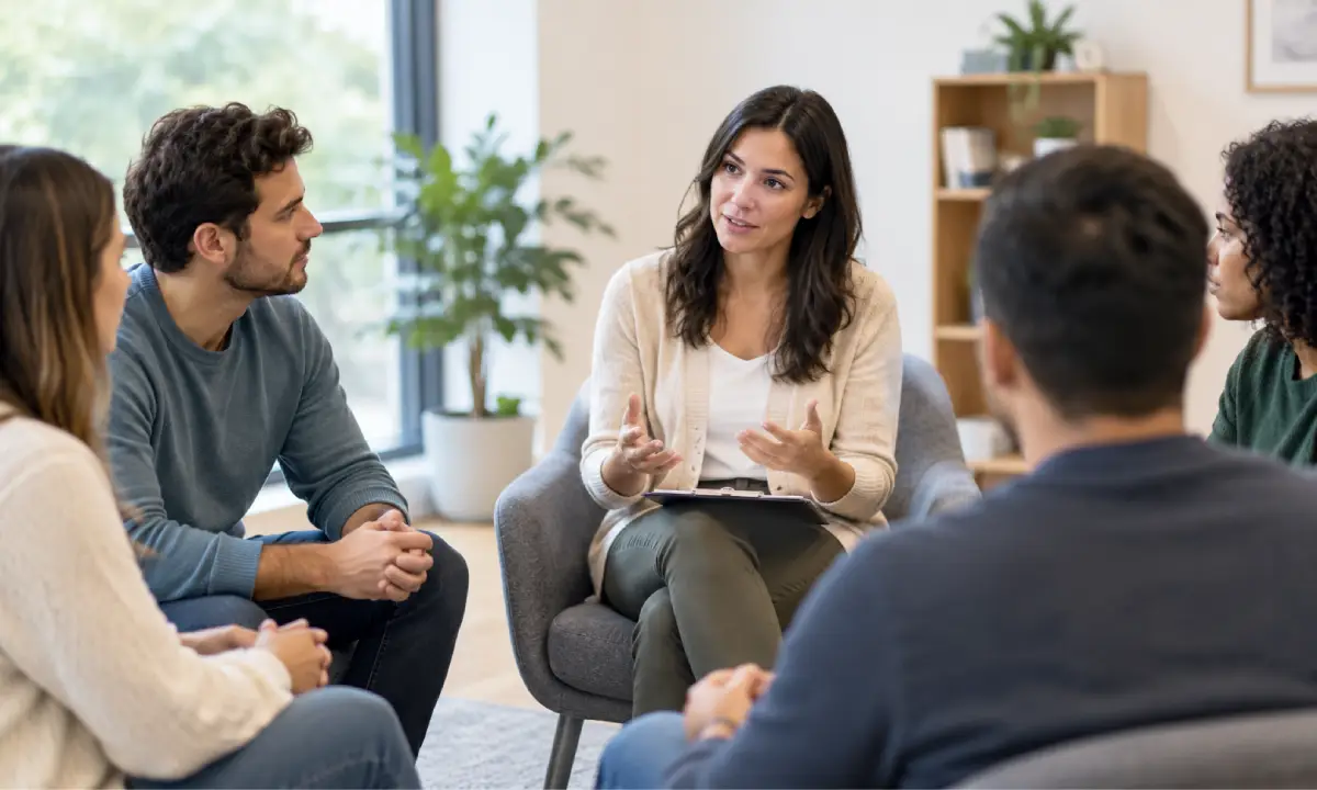 Cognitive behavioral group therapy in Virginia Beach, VA session with a therapist guiding participants in a supportive counseling setting.
