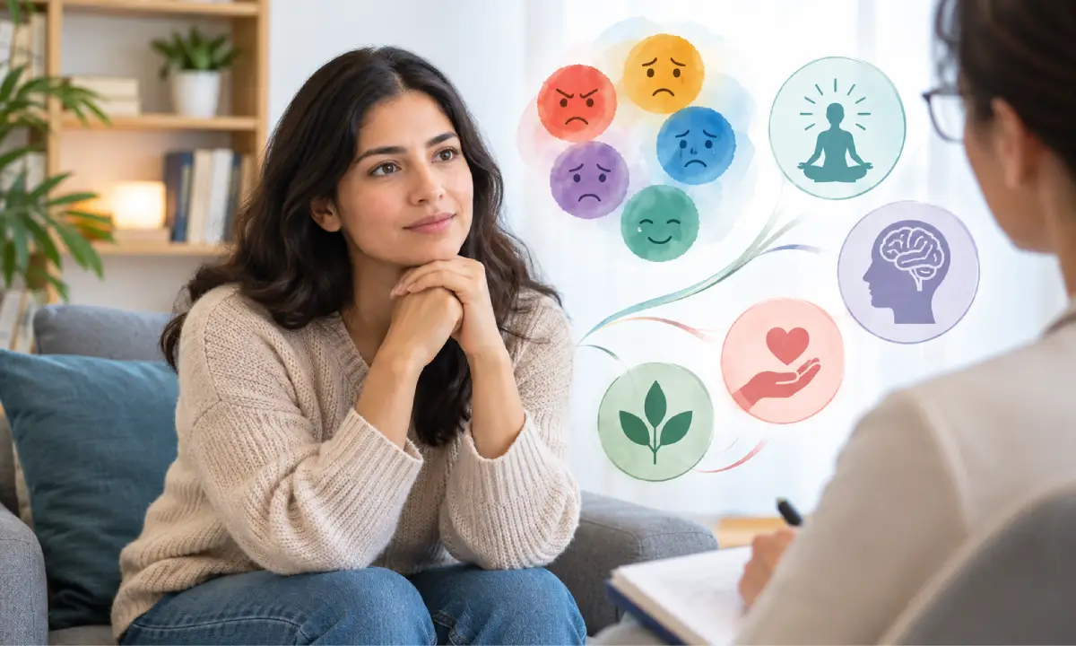 Woman Dialectical Behavior Therapy (DBT) Helps Manage Intense Emotions and Improve Coping Skills.