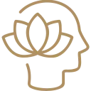An icon showing a lotus flower inside a human head profile, representing mindfulness, mental wellness, or peace of mind.