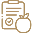 An icon showing a clipboard with a checkmark next to an apple, representing nutrition or a healthy meal plan.